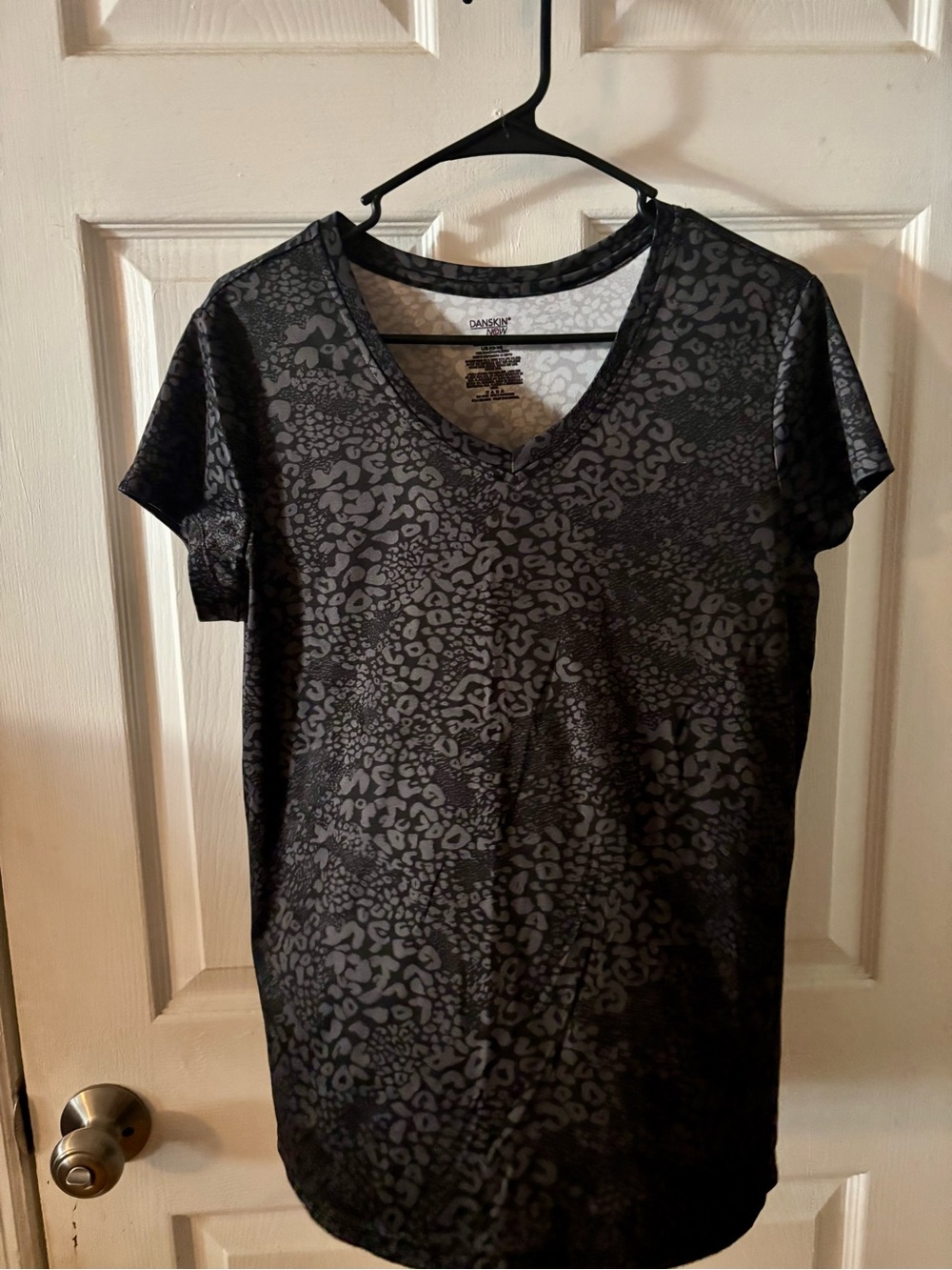 Danskin Black Gray Animal-Print V-Neck Short Sleeve Top